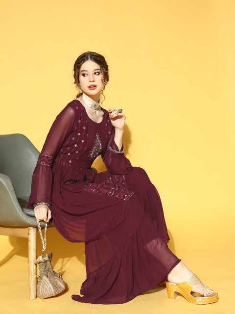 

ZOLA Women Maroon Ethnic Motifs Embroidered Kurta with Sharara