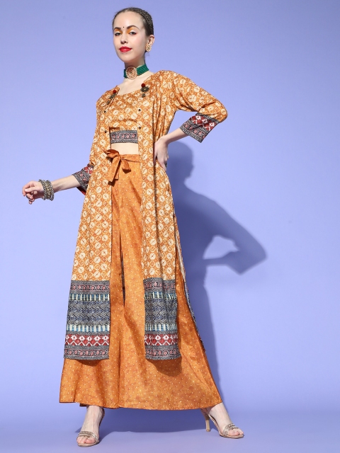 

ZOLA Women Mustard Yellow Ethnic Motifs Printed Kurta with Palazzos & Jacket