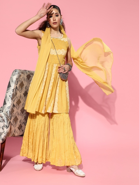 

ZOLA Ethnic Motifs Poly Georgette Short Kurti with Sharara, Mustard