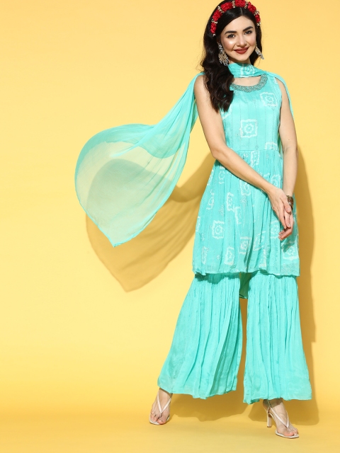

ZOLA Ethnic Motifs Polyester Short Kurti with Sharara, Turquoise blue