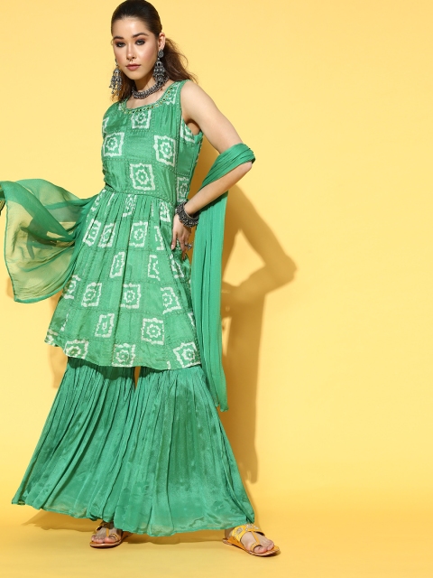 

ZOLA Ethnic Motifs Poly Georgette Short Kurti with Sharara, Green