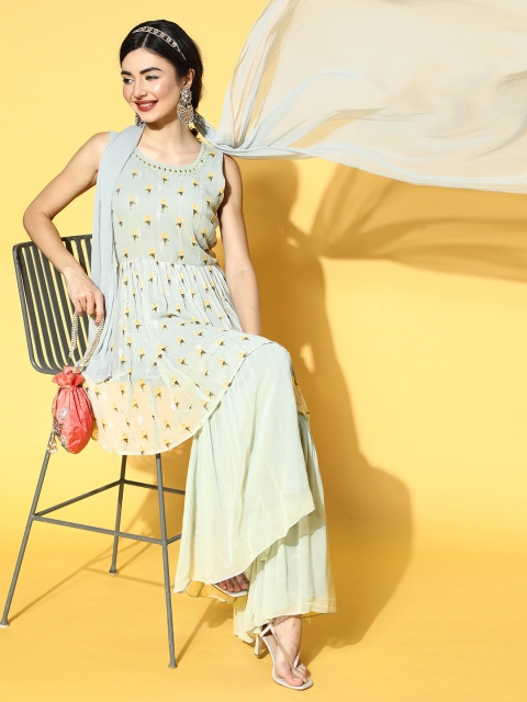 

ZOLA Floral Poly Georgette Short Kurti with Sharara, Grey