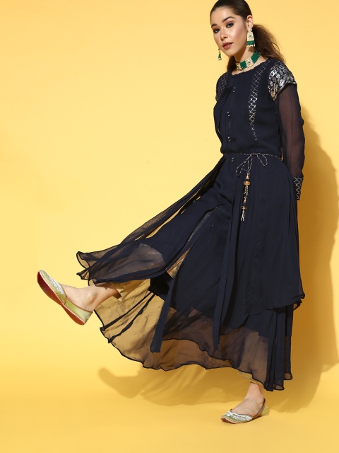 

ZOLA Deep Navy Blue Georgette Asymmetric Kurta