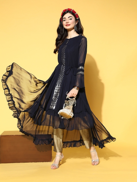 

ZOLA Deep Navy Blue Georgette Bell Sleeves Kurta