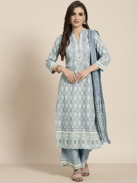 

Juniper Women Powder Blue & White Ethnic Motifs Foil Printed Kurta with Palazzos & Dupatta