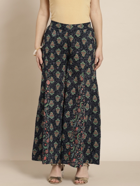 

Juniper Women Black & Grey Ethnic Motifs Printed Wide Leg Cambric Cotton Regular Palazzos