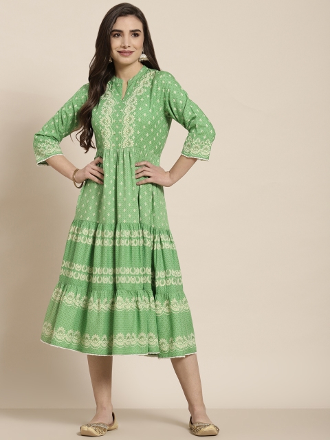

Juniper Green & Cream-Coloured Ethnic Motifs Tiered Midi Dress