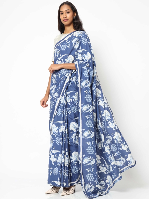 

Saaki Blue & White Floral Pure Cotton Saree