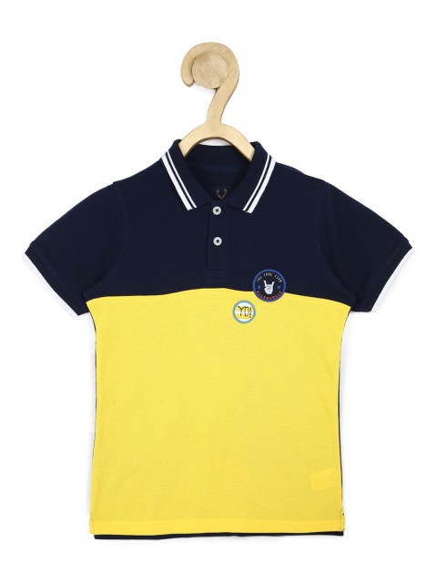 

Allen Solly Junior Boys Yellow & Navy Blue Colourblocked Polo Collar Pure Cotton T-shirt