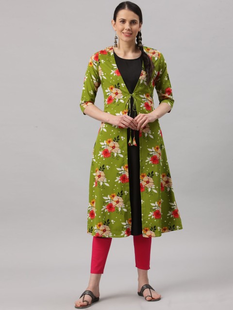 

ALC Creations Women Green & Pink Floral Printed A-line Kurta