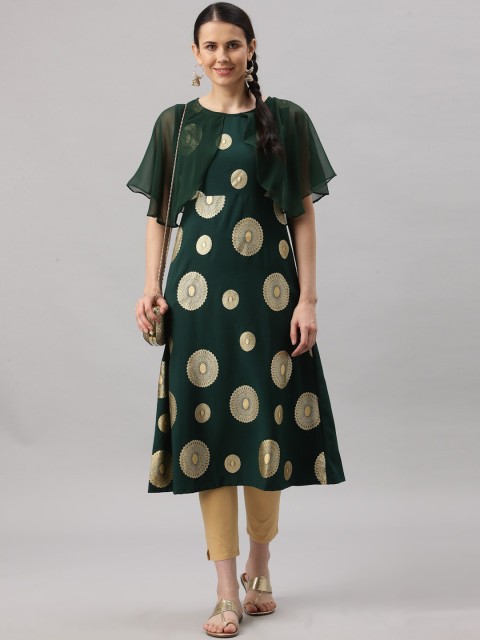 

ALC Creations Women Green Ethnic Motifs Printed Extended Sleeves Kurta