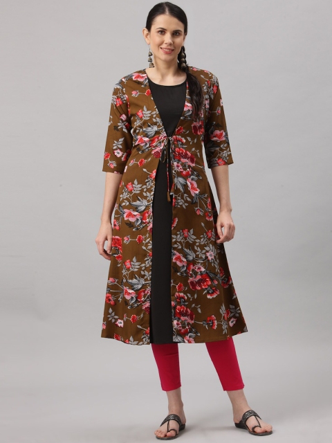 

ALC Creations Women Brown Floral Printed Kurta With Jacket