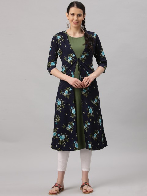 

ALC Creations Women Green & Navy Blue Floral Printed A-line Kurta