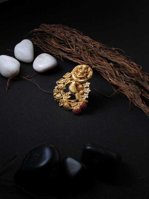 

Adwitiya Collection 24 CT Gold-Plated White Stone-Studded Beaded Temple Finger Ring