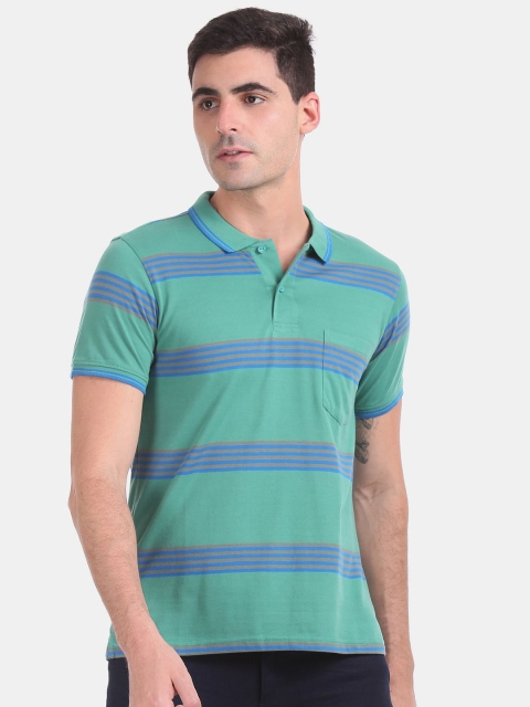 

Ruggers Men Green Striped Mandarin Collar Pockets T-shirt