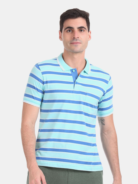 

Ruggers Men Blue Striped Polo Collar T-shirt