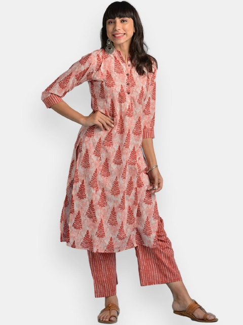 

VEDANA Women Peach-Coloured Ethnic Motifs Printed Empire Pure Cotton Kurta with Trousers