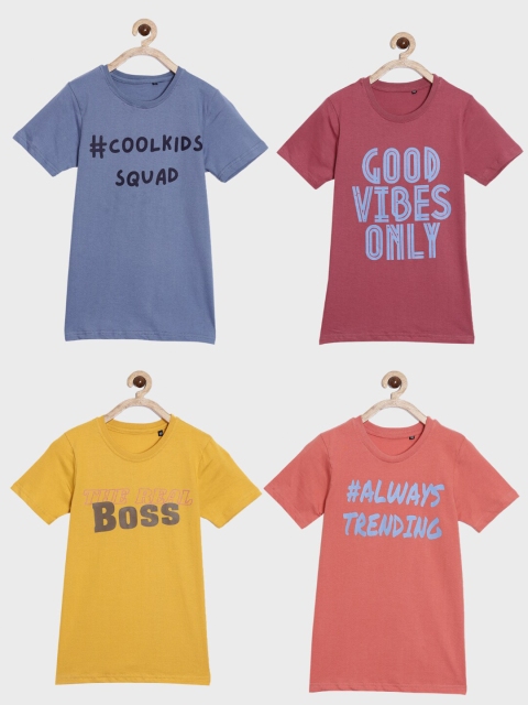 

SayItLoud Boys Pack of 4 Blue Mustard Orange & Maroon Typography Printed T-shirt