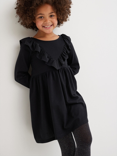 

H&M Girls Black Flounce-Trimmed Pure Cotton Dress