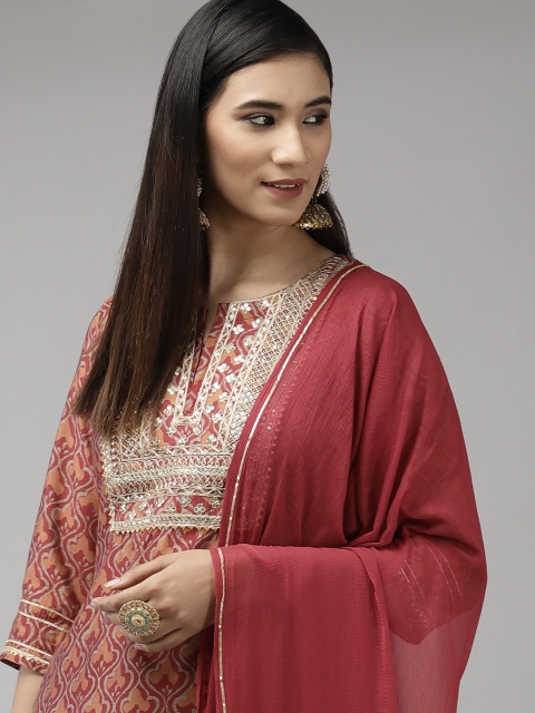 

Indo Era Women Maroon & Orange Yoke Design with Gotta Patti Kurta & Trousers With Dupatta