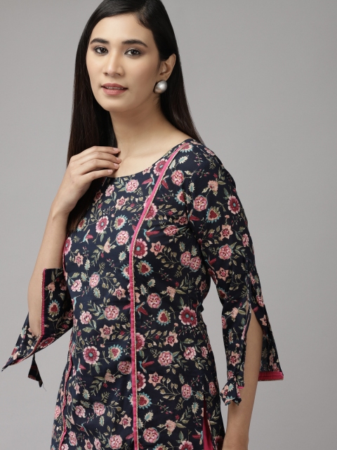 

Indo Era Women Navy Blue Ethnic Motifs Printed Gotta Patti Kurti with Sharara