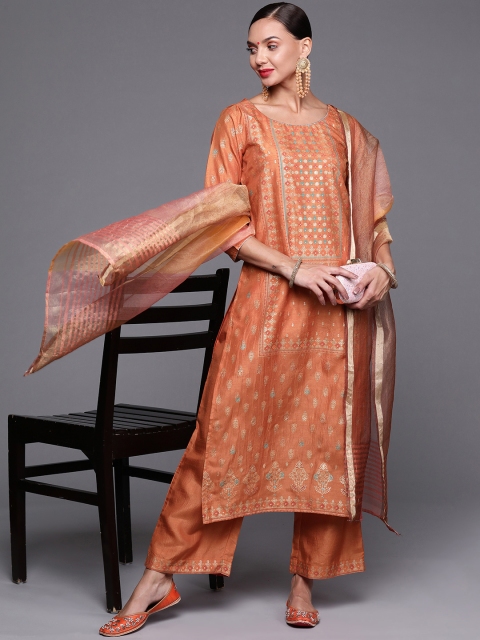 

Indo Era Women Orange & White Ethnic Motifs Printed Kurta with Palazzos & Dupatta