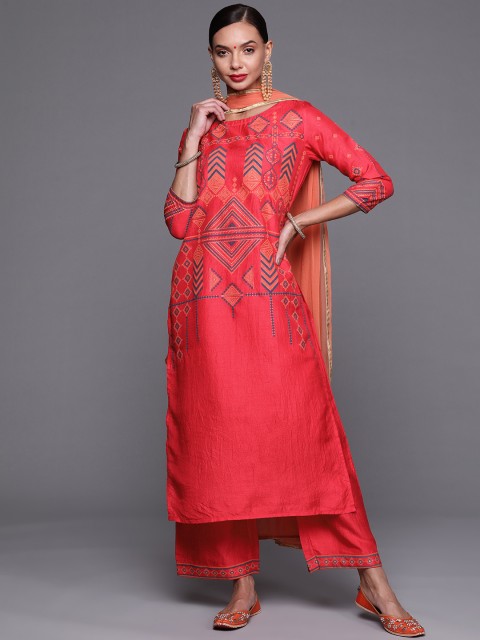 

Indo Era Women Red & Blue Ethnic Motifs Printed Kurta with Palazzos & With Dupatta