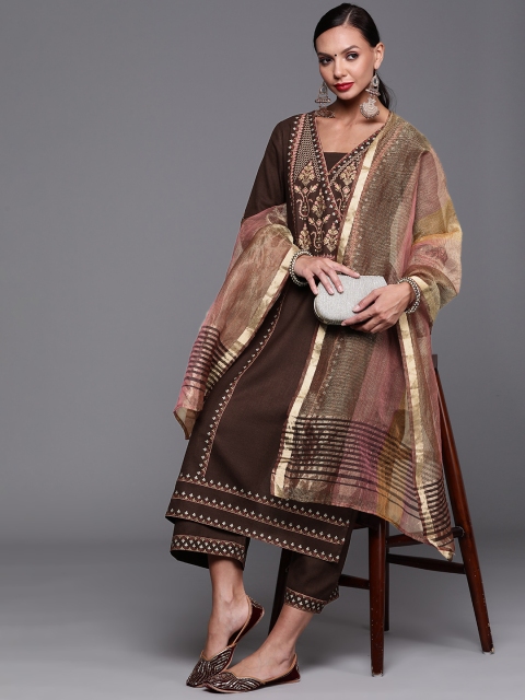 

Indo Era Women Brown Ethnic Motifs Foil Printed Straight Kurta Palazzo With Dupatta Set