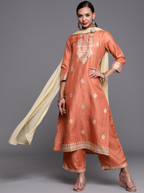 

Indo Era Women Rust Brown Ethnic Motifs Foil Print Kurta with Palazzos & Dupatta