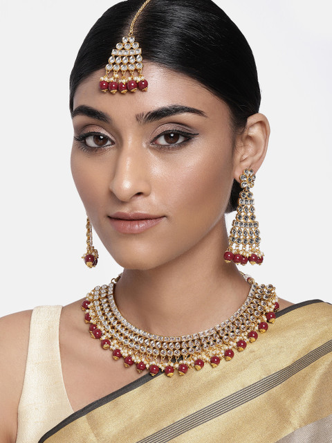 

Peora Traditional Gold-Plated & Maroon Choker Necklace Earring Maang Tikka Jewellery Set