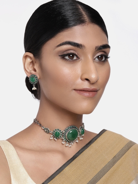 

Peora Women Oxidised Silver Plated Green Kundan Choker Necklace Earring Jewellery Set