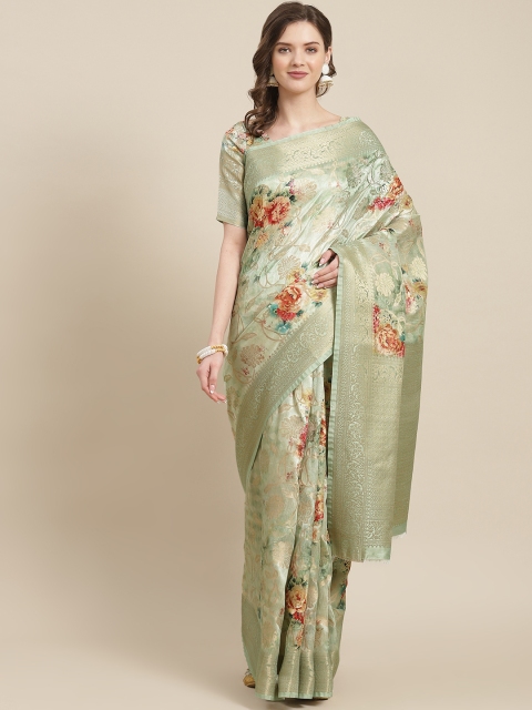 

SHANGRILA Green Floral Zardozi Art Silk Kasavu Saree