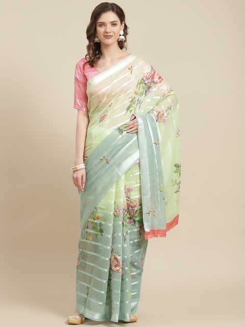 

SHANGRILA Green & Rose Floral Zardozi Pure Linen Khadi Saree