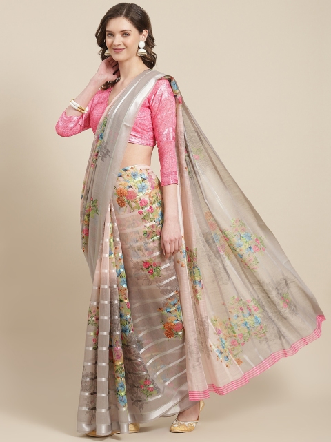 

SHANGRILA Grey & Rose Floral Pure Linen Khadi Saree