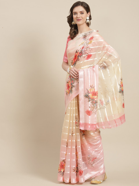 

SHANGRILA Pink & Cream-Coloured Floral Zardozi Pure Linen Khadi Saree