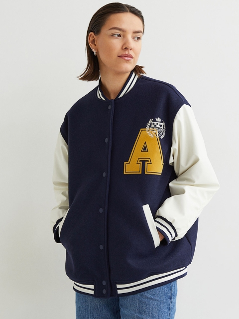 

H&M Women Navy Blue & White Colourblocked Baseball Jacket