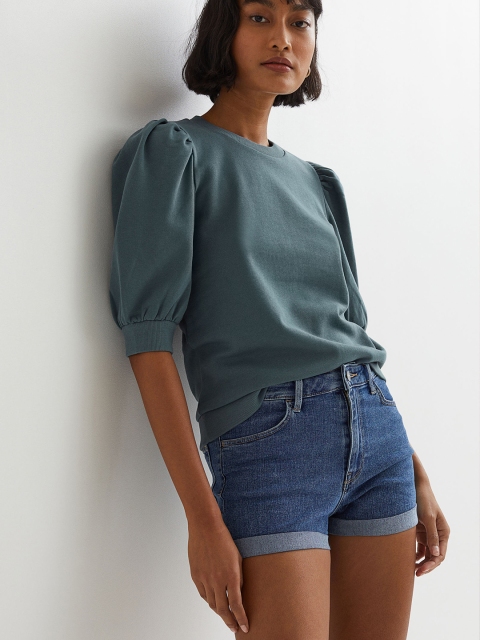 

H&M Women Turquoise Blue Puff-sleeved Top