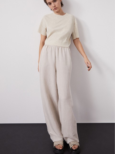 

H&M Women Beige Solid Ribbed Cropped Top