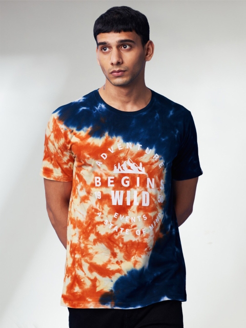

The Souled Store Men Orange & Navy Blue Cotton Tie & Dye Typography Print T-shirt