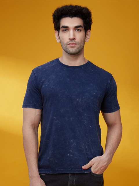 

The Souled Store Men Navy Blue Acid Wash Cotton T-shirt