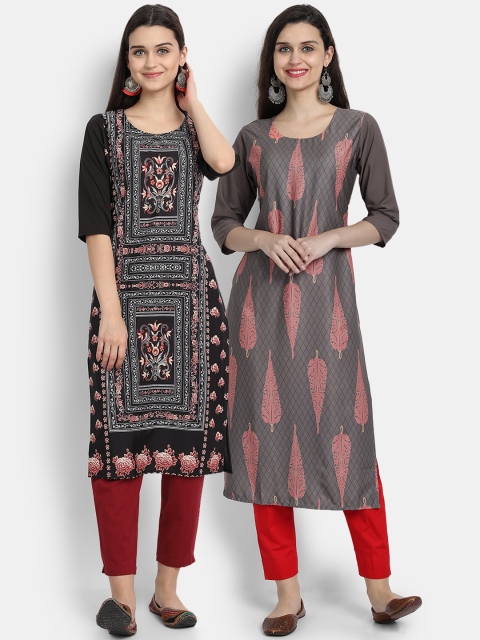 

7Threads Women Pack Of 2 Digital Print Straight Kurta, Black