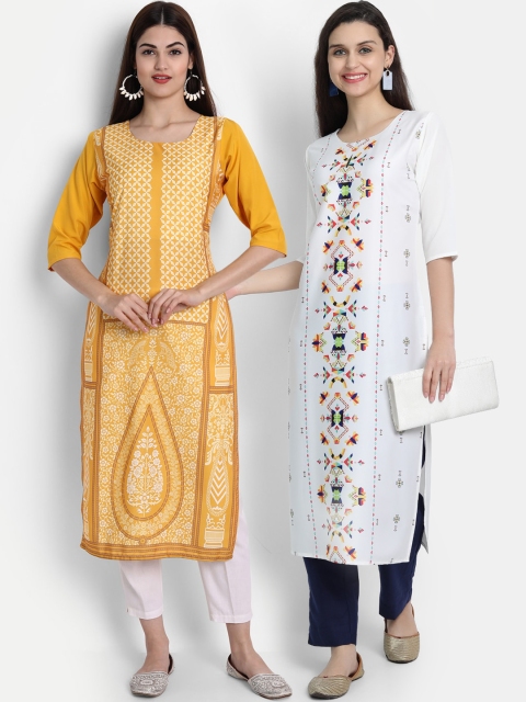 

7Threads Women Pack Of 2 Digital Print Straight Kurtas, Yellow