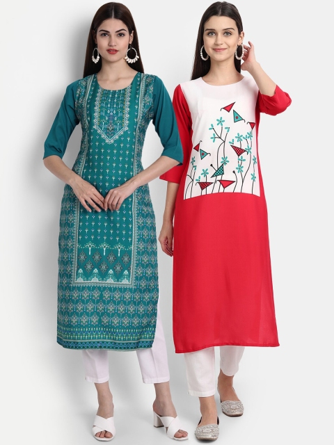 

7Threads Women Pack Of 2 Digital Print Straight Kurtas, Green