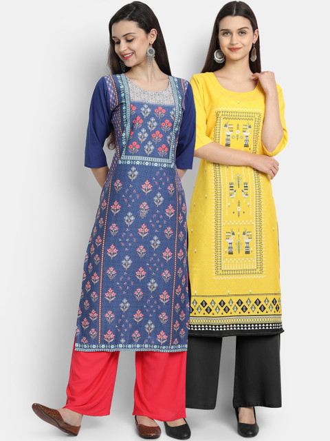 

7Threads Women Pack Of 2 Digital Print Straight Kurta, Blue