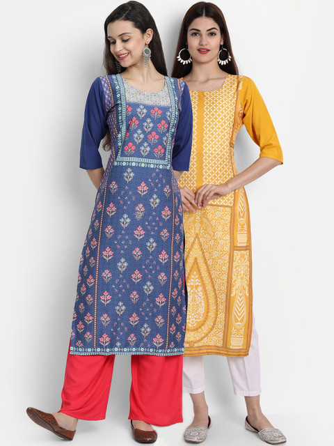 

7Threads Women Pack Of 2 Crepe Digital Print Straight Kurta, Blue
