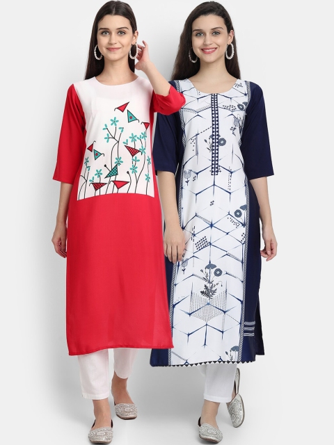 

7Threads Women Pack Of 2 Digital Print Straight Kurtas, Red