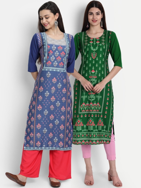

7Threads Women Pack Of 2 Digital Print Straight Kurtas, Blue