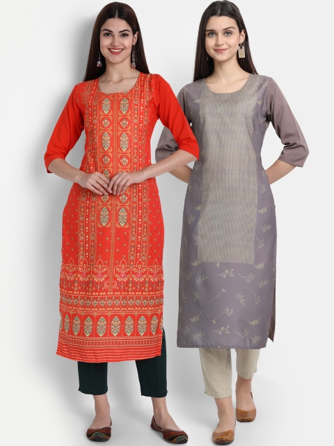 

7Threads Women Pack Of 2 Digital Print Straight Kurtas, Orange