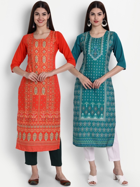

7Threads Women Pack Of 2 Digital Print Straight Kurtas, Orange