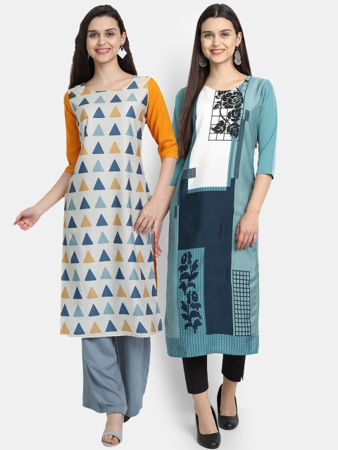 

7Threads Women Pack Of 2 Digital Print Straight Kurtas, Green